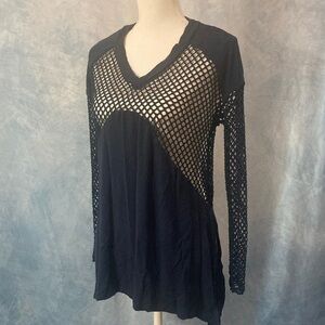 Chic Sandiva Small Navy Mesh Long Sleeve Top Split Sides V Neck Oversized